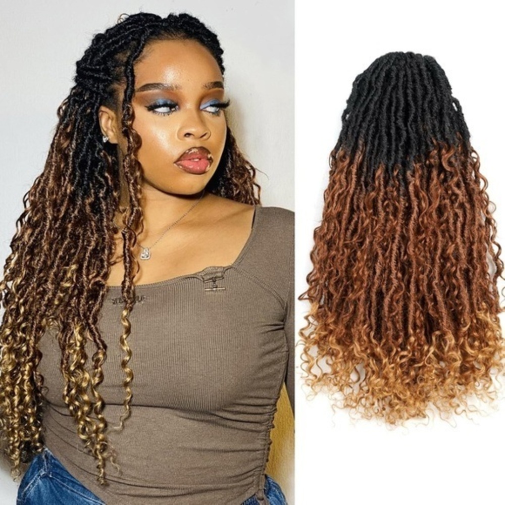 24” Ombre Brown Boho Synthetic Locs with Human Hair Curls 8 Pks Pre-Looped #QC2